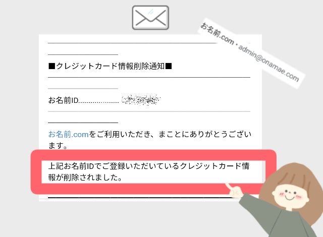 お名前ドットコムより「クレジットカード情報削除通知」のメールが届きます